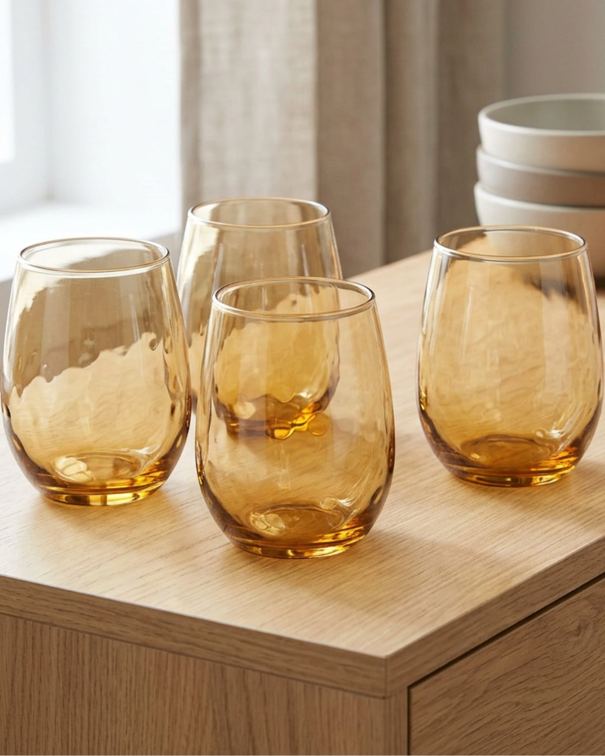 Fexru Dimpled Stemless Red Wine Glasses 12 oz Amber Set of 4 - Lifestyle view